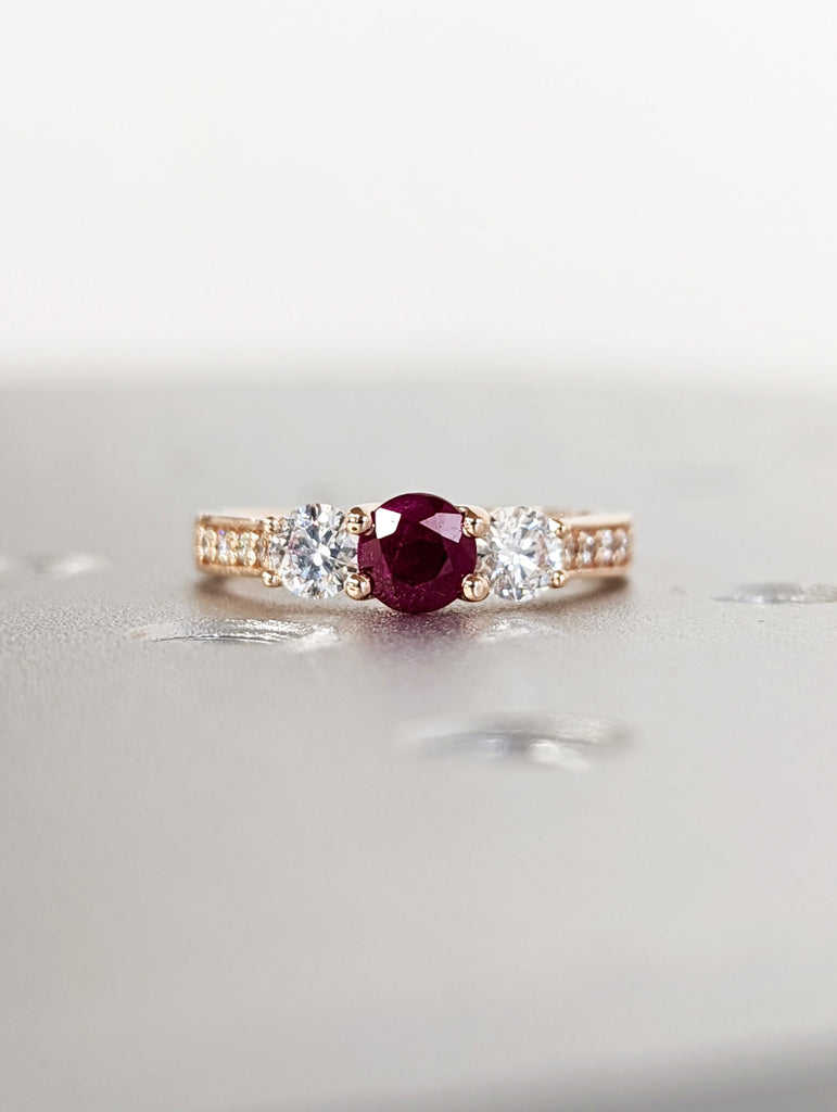 Vintage Red Ruby Ring Engagement Ring, Round Cut Gems, Art Deco Diamond Wedding Band, 3 Stone Unique Women Bridal Promise Ring,14K Rose gold