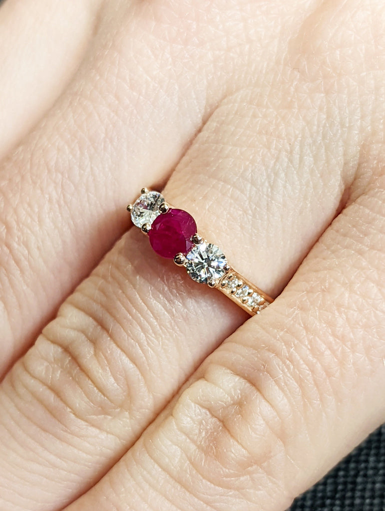 Vintage Red Ruby Ring Engagement Ring, Round Cut Gems, Art Deco Diamond Wedding Band, 3 Stone Unique Women Bridal Promise Ring,14K Rose gold