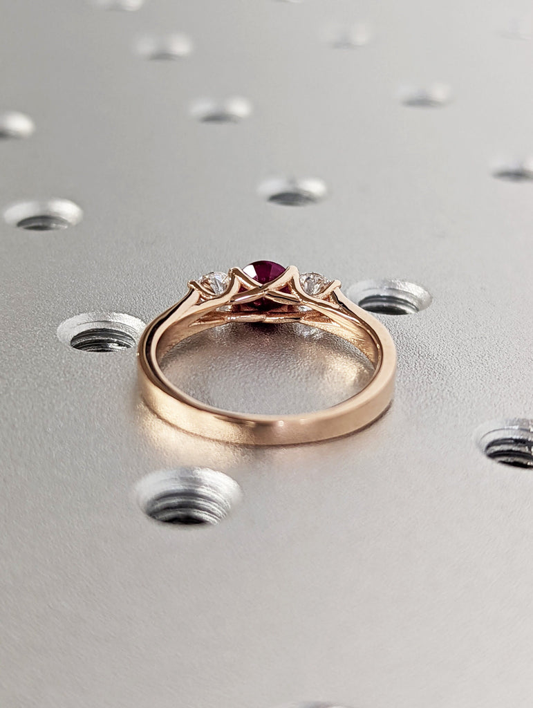 Vintage Red Ruby Ring Engagement Ring, Round Cut Gems, Art Deco Diamond Wedding Band, 3 Stone Unique Women Bridal Promise Ring,14K Rose gold