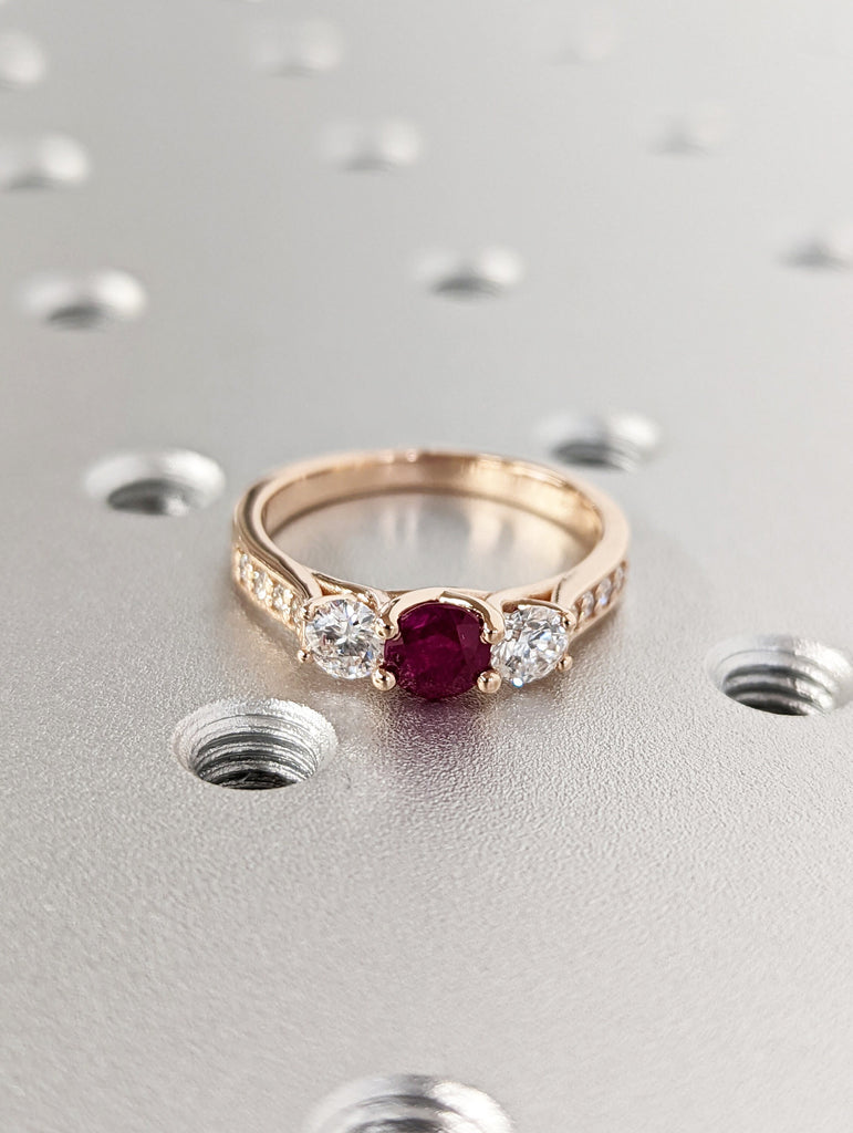 Vintage Red Ruby Ring Engagement Ring, Round Cut Gems, Art Deco Diamond Wedding Band, 3 Stone Unique Women Bridal Promise Ring,14K Rose gold