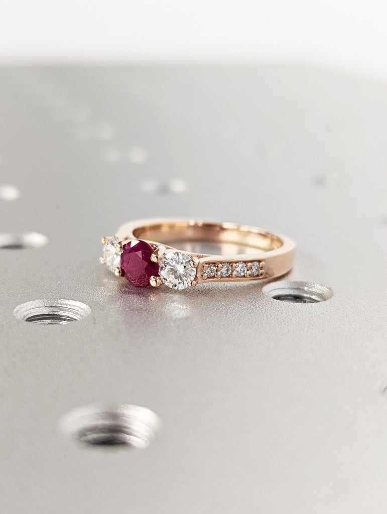 Vintage Red Ruby Ring Engagement Ring, Round Cut Gems, Art Deco Diamond Wedding Band, 3 Stone Unique Women Bridal Promise Ring,14K Rose gold