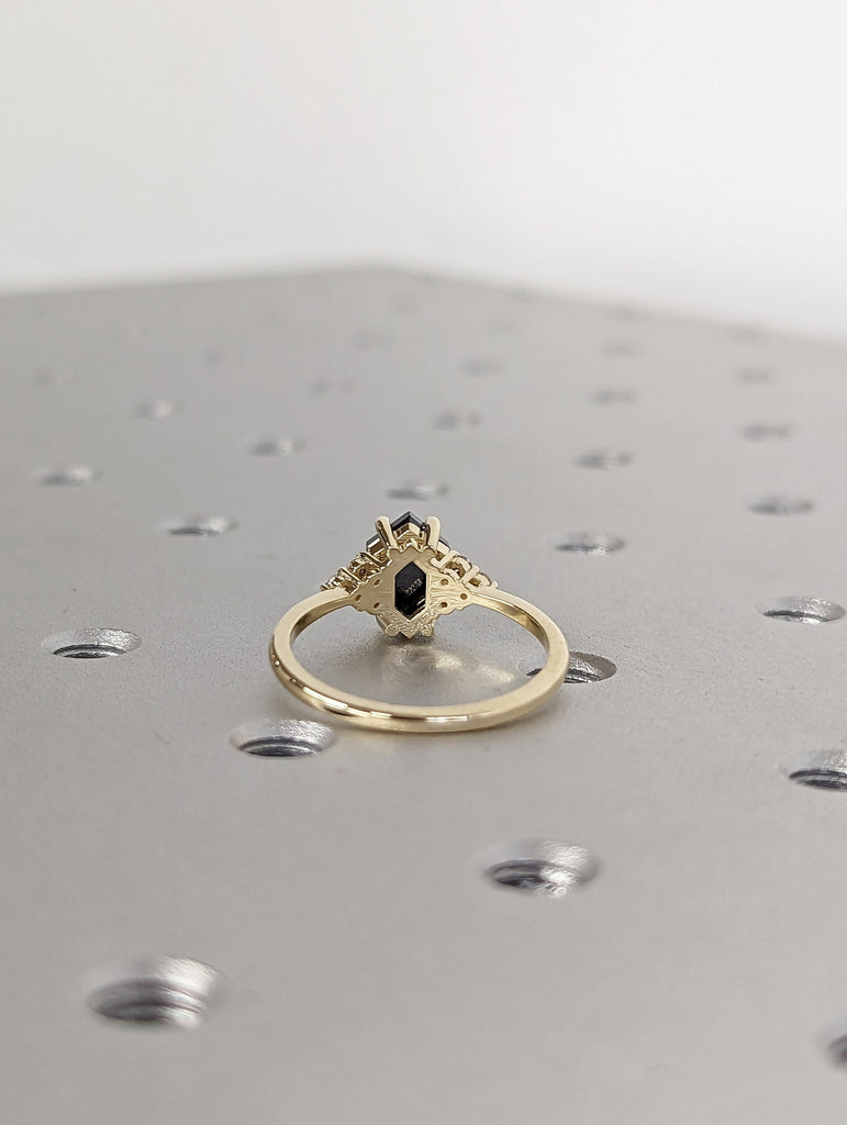 Raw Diamond Hexagon Round Diamond, Salt and Pepper, Unique Engagement Ring, Rose Cut Geometric Diamond Ring, 14k Gold, Custom Handmade