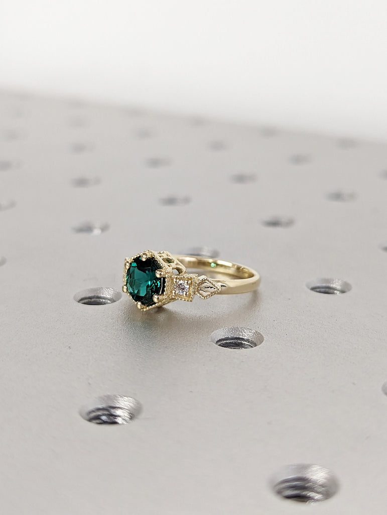 Emerald ring vintage emerald engagement ring 14k black gold ring gift unique antique wedding promise anniversary ring for her