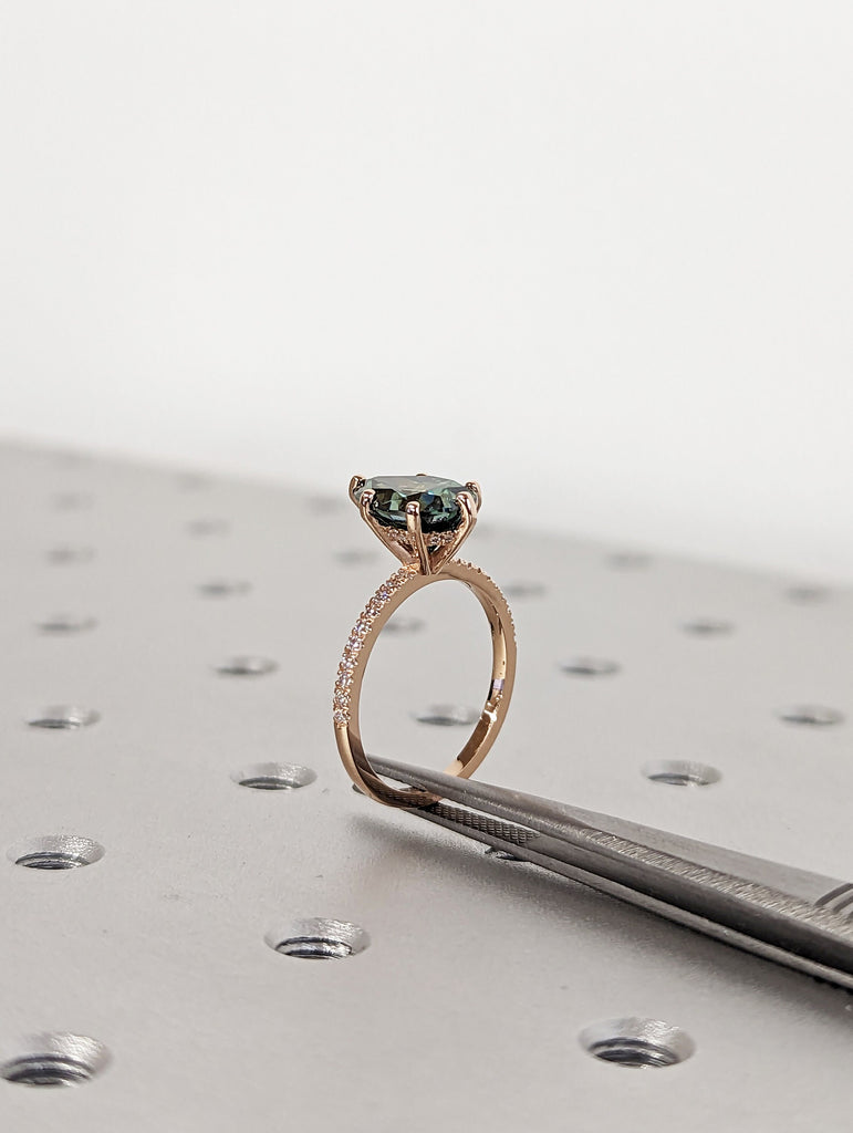 Colored Moissanite Engagement, Green Moissanite Ring, Vintage blue-green pear engagement ring, Green Color Moissanite hidden halo ring