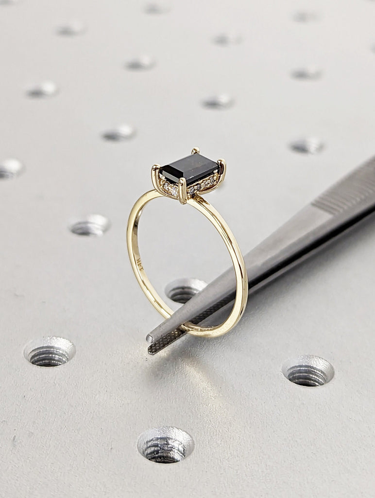 14k Solid Gold Baguette Ring | 1ct Salt and Pepper Ring | Hidden Halo Wedding Ring | Minimalist Engagement Ring Women |Handmade Promise Ring