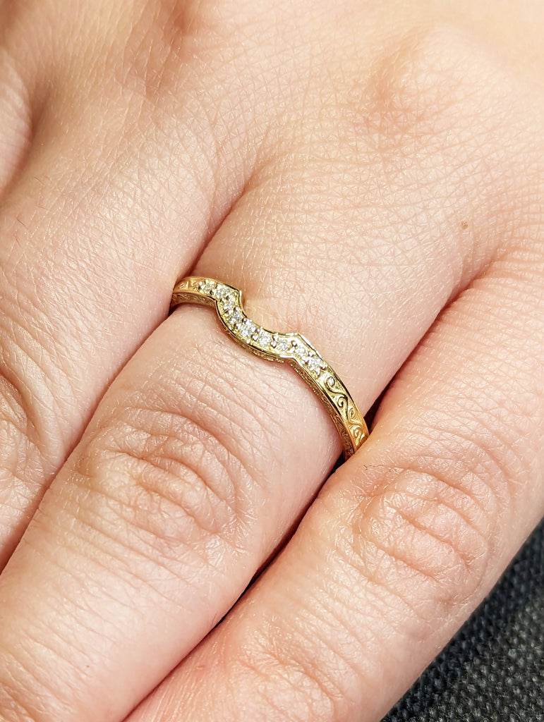 Diamond Curved Wedding Band- 14K Solid Yellow Gold Band- Nesting Wedding Ring- Wedding Band For Solitaire Engagement Ring - Matching Ring