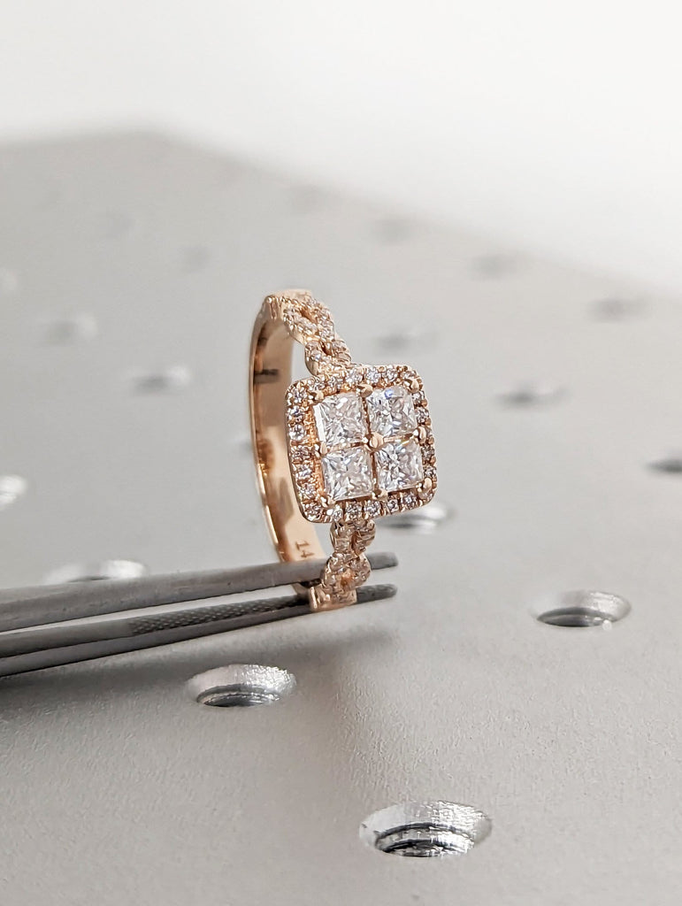 Quad Princess cut moissanite engagement ring Unique rose gold engagement ring Dainty diamond bridal ring Twist promise ring anniversary gift