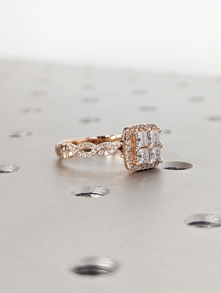 Quad Princess cut moissanite engagement ring Unique rose gold engagement ring Dainty diamond bridal ring Twist promise ring anniversary gift