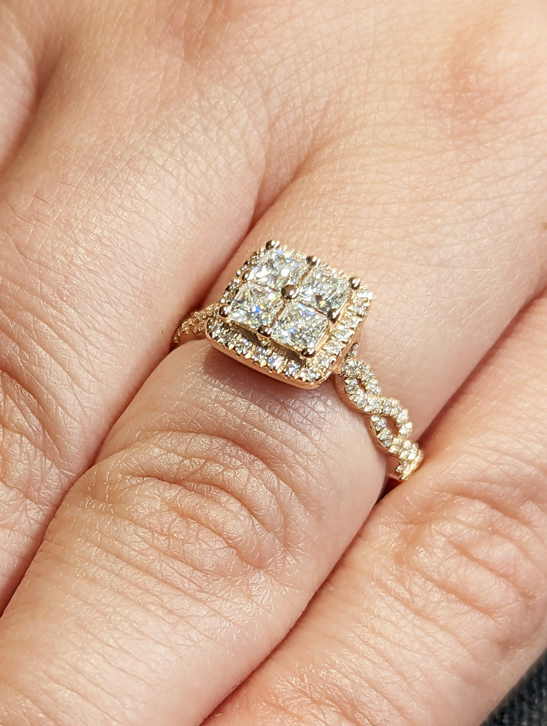 Quad Princess cut moissanite engagement ring Unique rose gold engagement ring Dainty diamond bridal ring Twist promise ring anniversary gift