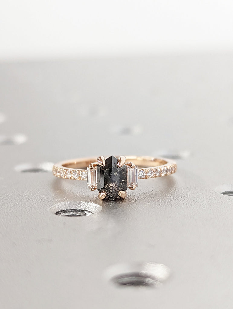 Raw Diamond Hexagon Baguette Diamond, Salt and Pepper, Unique Engagement Ring, Rose Cut Geometric Diamond Ring, 14k Gold, Custom Handmade