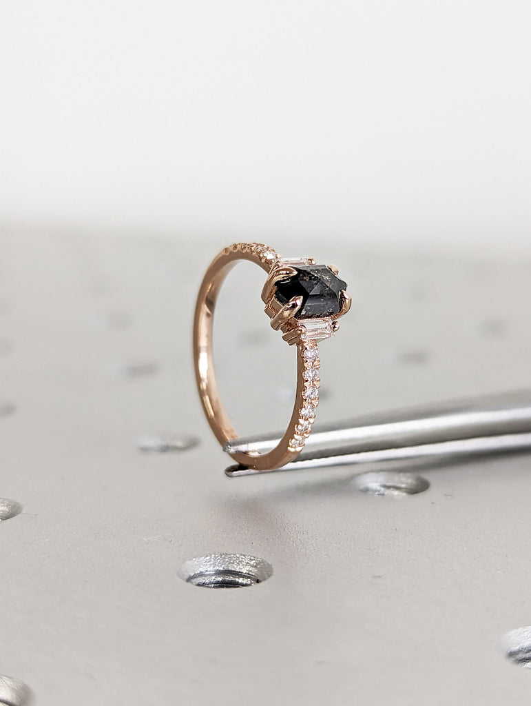 Raw Diamond Hexagon Baguette Diamond, Salt and Pepper, Unique Engagement Ring, Rose Cut Geometric Diamond Ring, 14k Gold, Custom Handmade