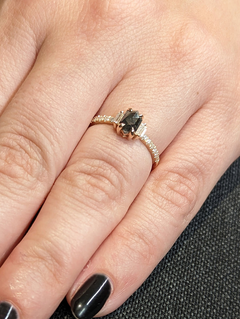 Raw Diamond Hexagon Baguette Diamond, Salt and Pepper, Unique Engagement Ring, Rose Cut Geometric Diamond Ring, 14k Gold, Custom Handmade