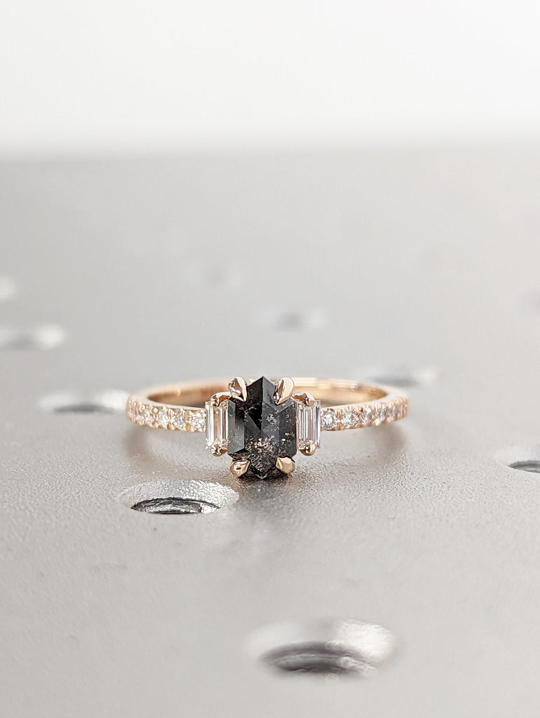 Raw Diamond Hexagon Baguette Diamond, Salt and Pepper, Unique Engagement Ring, Rose Cut Geometric Diamond Ring, 14k Gold, Custom Handmade
