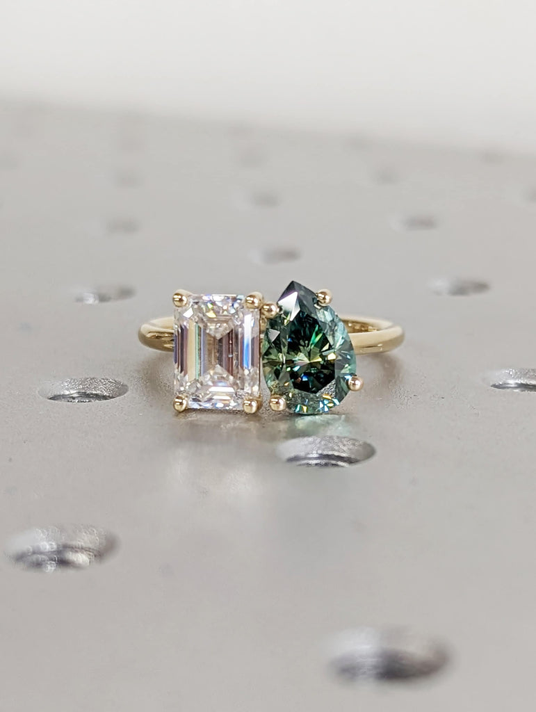 Pear And Emerald Cut Toi Et Moi Moissanite Ring / Green Pear Moissanite Engagement Ring / Yellow Gold Anniversary Ring / Two Stone Ring