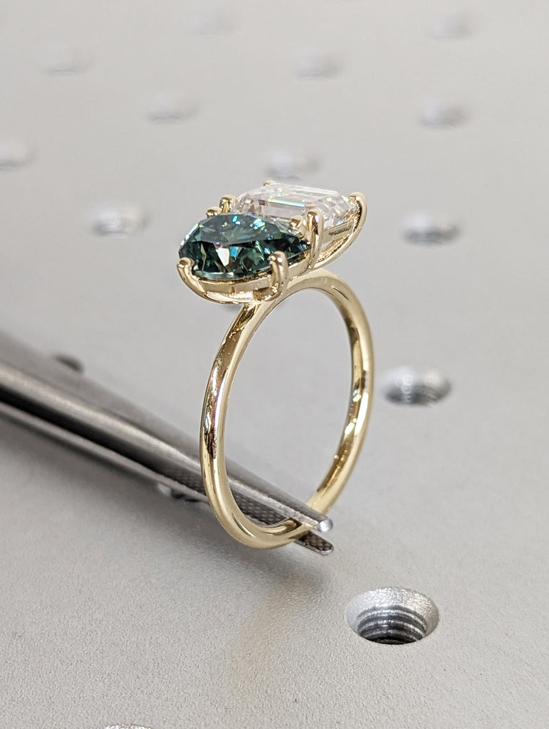 Pear And Emerald Cut Toi Et Moi Moissanite Ring / Green Pear Moissanite Engagement Ring / Yellow Gold Anniversary Ring / Two Stone Ring