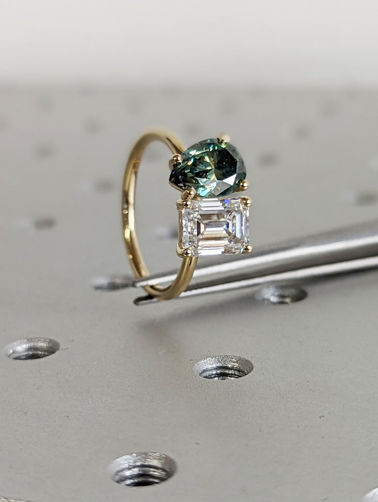 Pear And Emerald Cut Toi Et Moi Moissanite Ring / Green Pear Moissanite Engagement Ring / Yellow Gold Anniversary Ring / Two Stone Ring