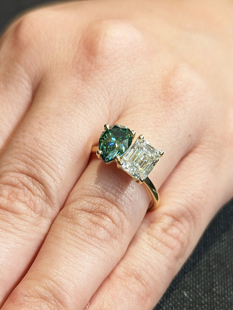 Pear And Emerald Cut Toi Et Moi Moissanite Ring / Green Pear Moissanite Engagement Ring / Yellow Gold Anniversary Ring / Two Stone Ring