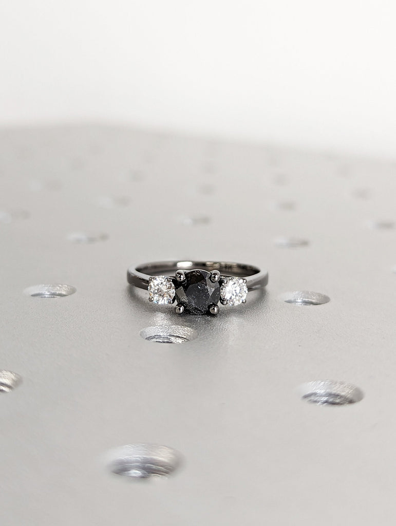 Three Stone Engagement Ring 14K/18k Black Gold Bridal, Past Present Future Ring, Diamond Engagement Ring, Three stone Diamond Ring