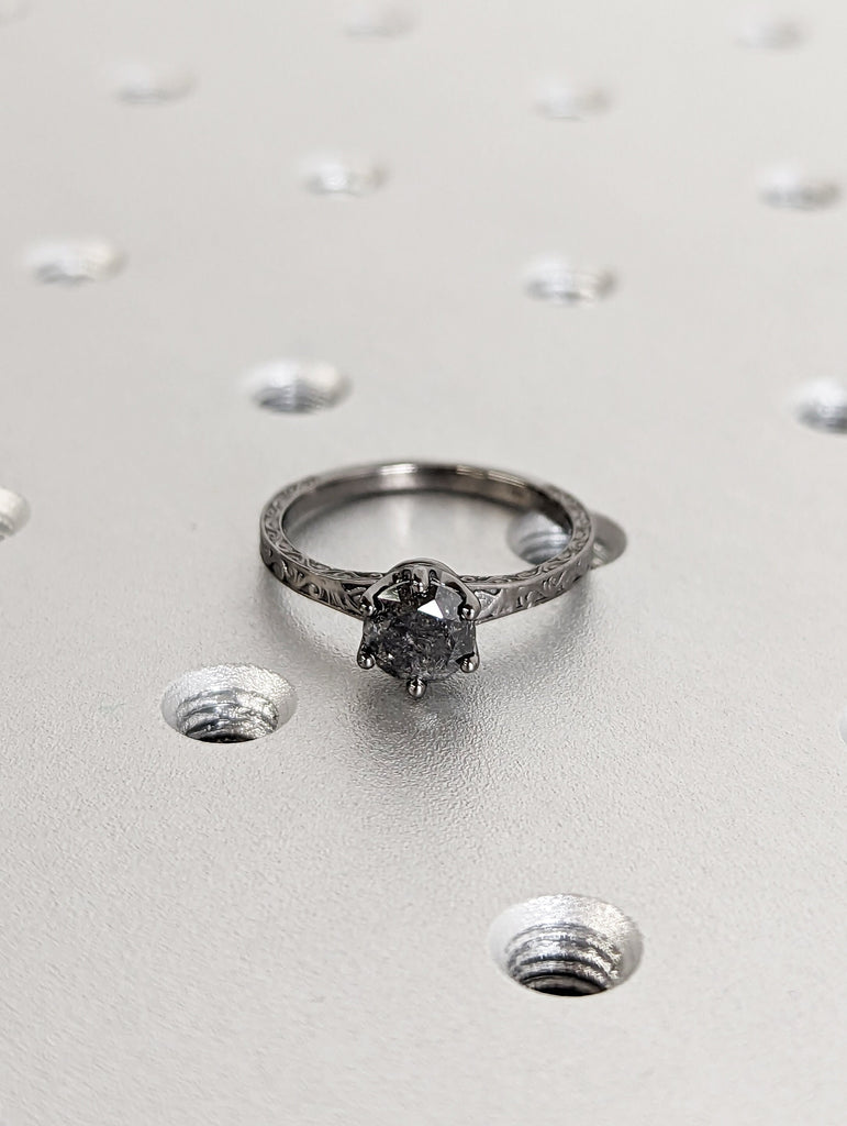 Raw Salt and Pepper Diamond Black/Rose /White /Yellow Gold Engagement Ring Art Deco 1920's Inspired Thin Petite Band 18k Unique Ring for Her