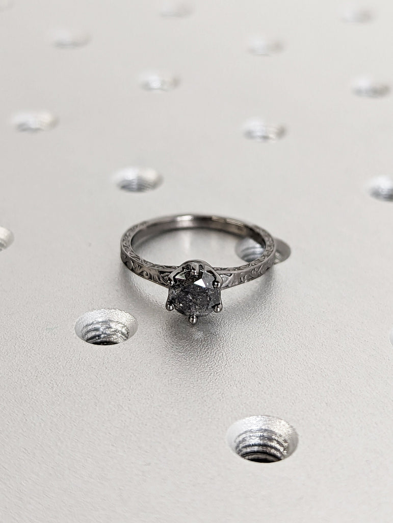 Raw Salt and Pepper Diamond Black/Rose /White /Yellow Gold Engagement Ring Art Deco 1920's Inspired Thin Petite Band 18k Unique Ring for Her