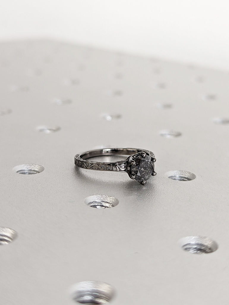 Raw Salt and Pepper Diamond Black/Rose /White /Yellow Gold Engagement Ring Art Deco 1920's Inspired Thin Petite Band 18k Unique Ring for Her