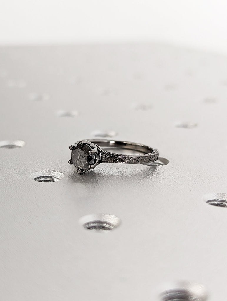 Raw Salt and Pepper Diamond Black/Rose /White /Yellow Gold Engagement Ring Art Deco 1920's Inspired Thin Petite Band 18k Unique Ring for Her