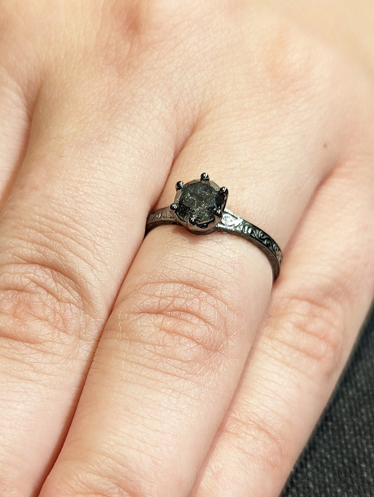 Raw Salt and Pepper Diamond Black/Rose /White /Yellow Gold Engagement Ring Art Deco 1920's Inspired Thin Petite Band 18k Unique Ring for Her