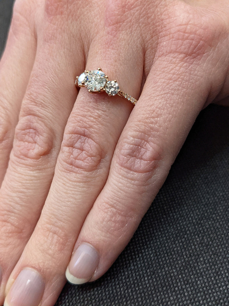 14K Rose Gold 3 Stone Promise Ring For Her, Three Stone Engagement Ring With Side Stones, Simulated Diamond Ring, Past Present Future Ring