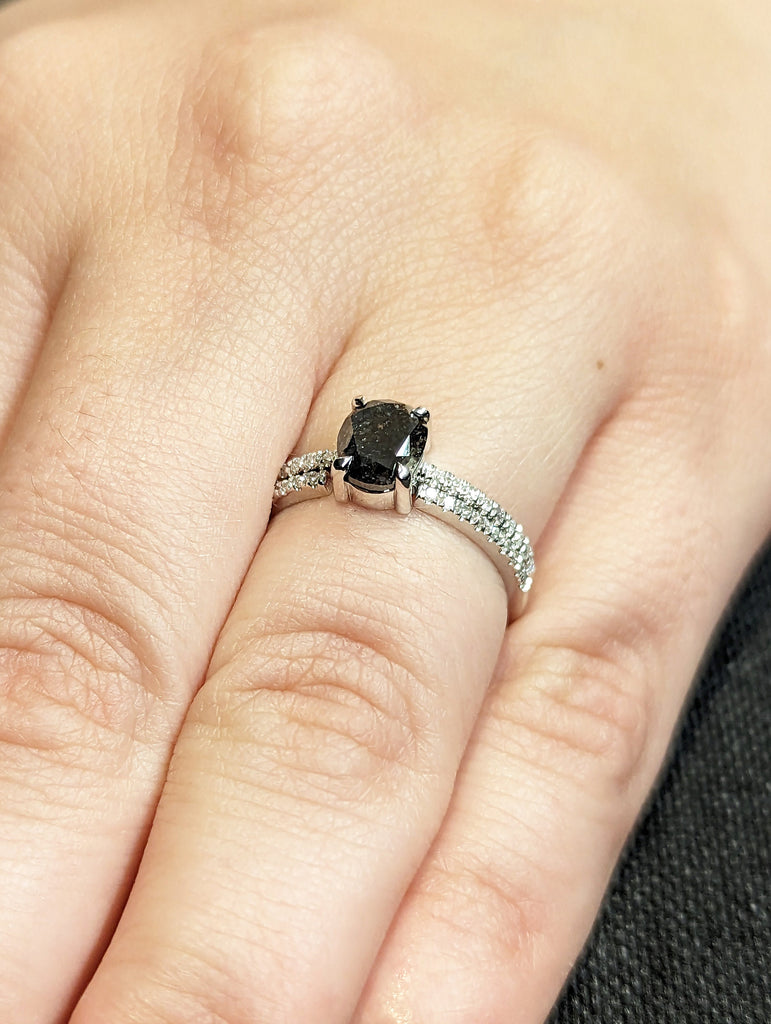 1920's Raw Salt and Pepper Diamond, Oval Diamond Ring, Unique Engagement Bridal Set, Black, Gray Oval, 14k Yellow, Rose, or White Gold