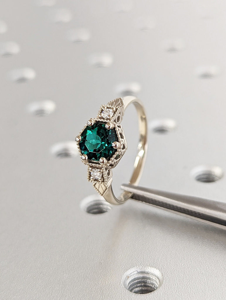 Emerald ring vintage emerald engagement ring 14k gold ring gift unique antique wedding promise anniversary ring for her simple promise ring