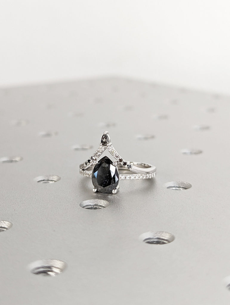 1920's Raw Salt and Pepper Diamond, Pear Diamond Ring, Unique Engagement Bridal Set, Black, Gray Pear, 14k Yellow, Rose, or White Gold