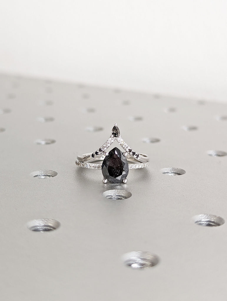 1920's Raw Salt and Pepper Diamond, Pear Diamond Ring, Unique Engagement Bridal Set, Black, Gray Pear, 14k Yellow, Rose, or White Gold