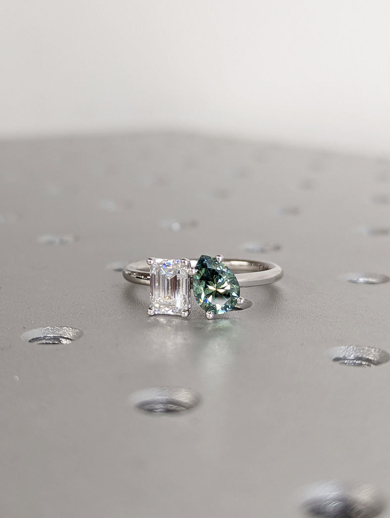 Pear And Emerald Cut Toi Et Moi Moissanite Ring / Green Pear Moissanite Engagement Ring / White Gold Anniversary Ring / Two Stone Ring