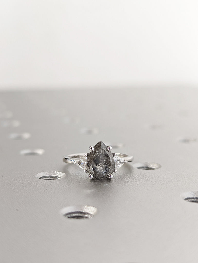 Raw Diamond Pear Triangle Diamond, Salt and Pepper, Plain Unique Bridal Engagement Set, Rose Cut Geometric Diamond Ring, Custom Handmade