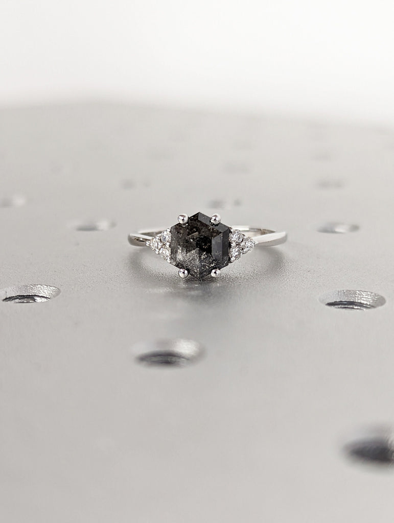 Raw Diamond Hexagon Round Diamond, Salt and Pepper, Unique Engagement Ring, Rose Cut Geometric Diamond Ring, 14k Gold, Custom Handmade