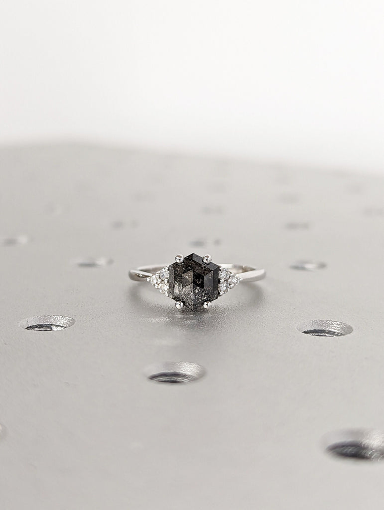 Raw Diamond Hexagon Round Diamond, Salt and Pepper, Unique Engagement Ring, Rose Cut Geometric Diamond Ring, 14k Gold, Custom Handmade