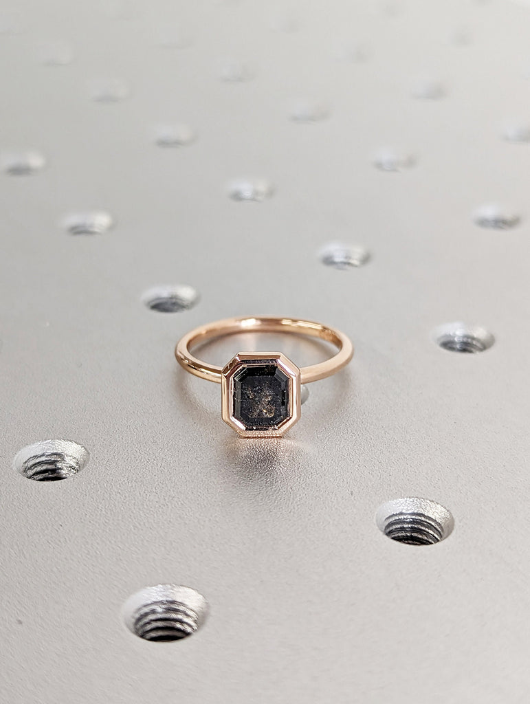 1.5CT Emerald Cut Salt And Pepper Diamond Solitaire Ring, 14K Rose Gold Engagement Ring, Bezel Setting, Statement Ring, Gift For Her