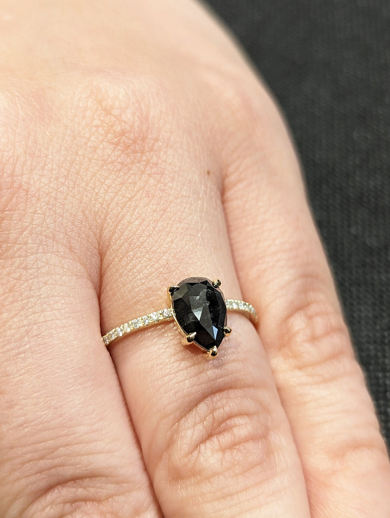 1.5 Carat 1920's Raw Salt and Pepper Diamond, Pear Diamond Ring, Unique Engagement Bridal , Black, Gray Pear 14k Yellow, Rose White Gold