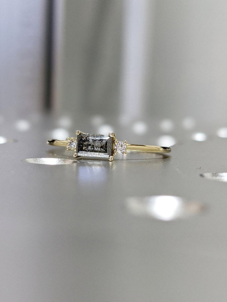Baguette Ring / 14k Solid Gold Baguette Salt And Pepper Diamond Engagement Ring / Stacking Ring Dainty Diamond Ring / Baguette Diamond Ring