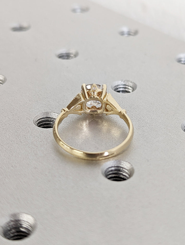 Vintage Moissanite Engagement Ring 14k yellow gold, Moissanite Engagement Ring, Antique Round cut Bridal ring, Art deco Ring Milgrain band