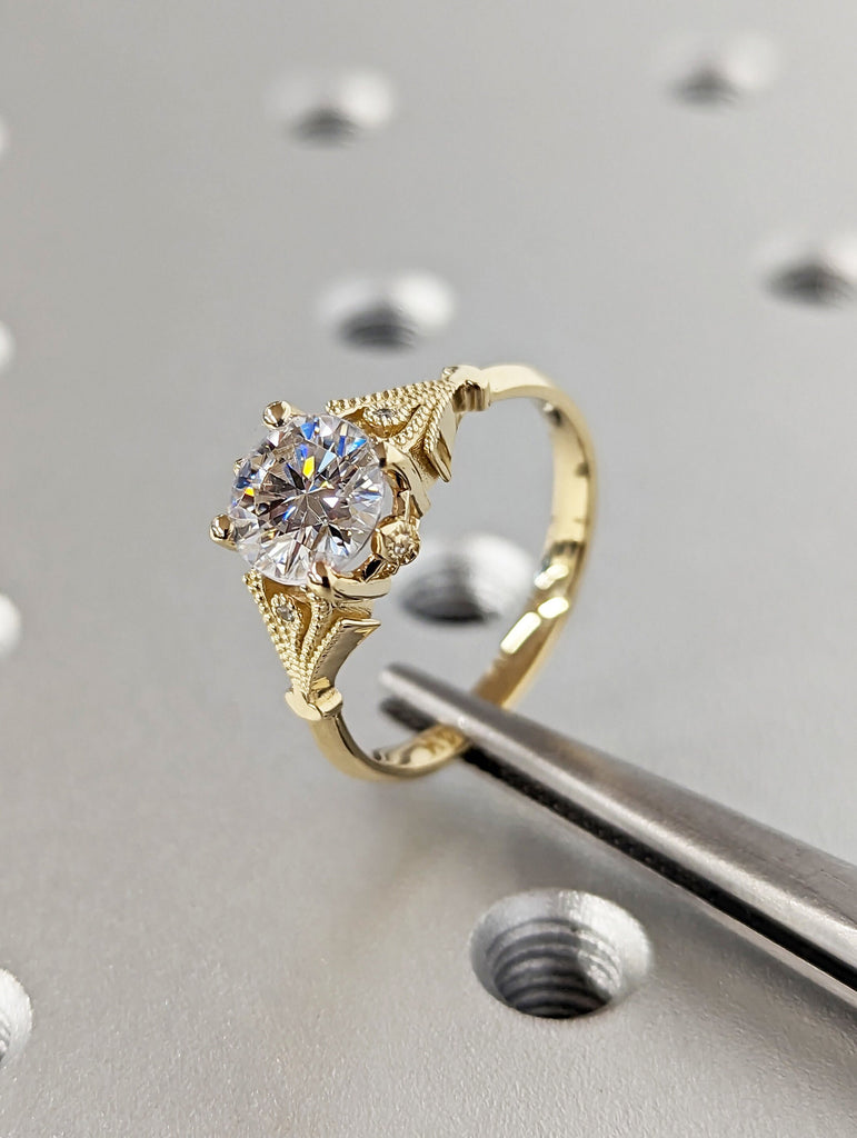 Vintage Lab Created Diamond Engagement Ring 14k yellow gold, 1ct Simulant Diamond Ring, Antique Round cut Bridal ring,Art deco Ring Milgrain