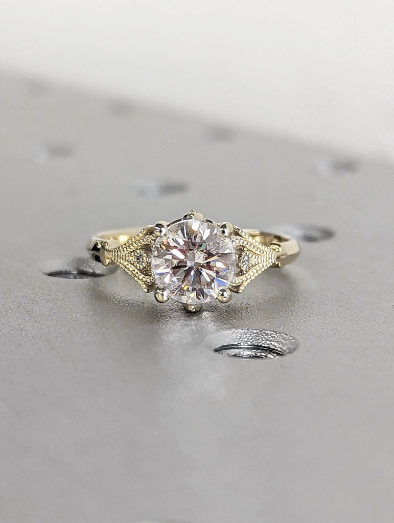 Vintage Moissanite Engagement Ring 14k yellow gold, Moissanite Engagement Ring, Antique Round cut Bridal ring, Art deco Ring Milgrain band