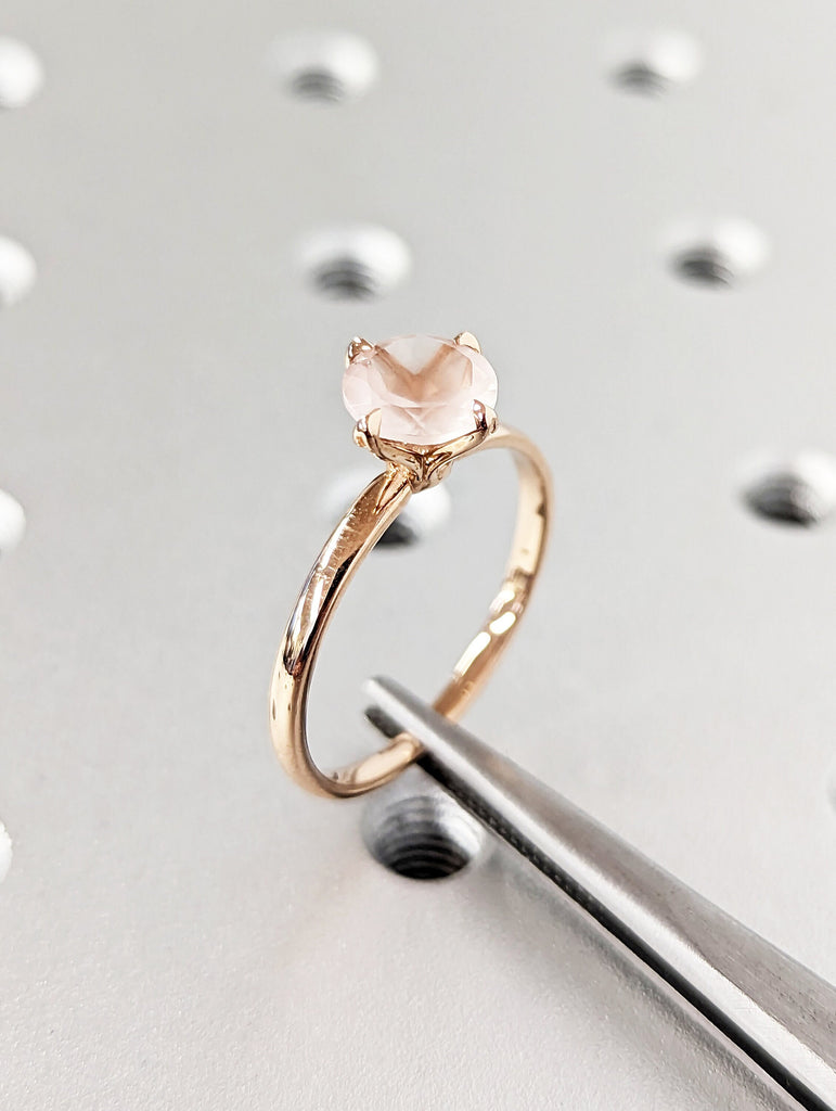 6.5mm Round Cut Pink Rose Quartz Ring Rose Gold Simple Engagement Rings Leaf Solitaire Ring Heal Crystal Ring Pink Stone Ring Gift Floral