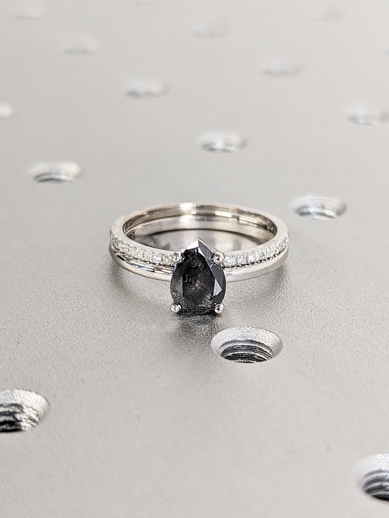 Raw Salt and Pepper Diamond, Rose Cut Pear Diamond Ring, Unique Engagement, Black, Gray Pear, 14k Yellow, Rose, White or Black Gold, Vintage