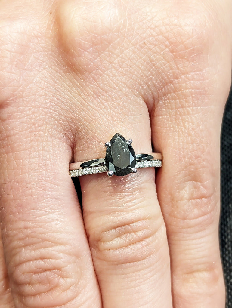 Raw Salt and Pepper Diamond, Rose Cut Pear Diamond Ring, Unique Engagement, Black, Gray Pear, 14k Yellow, Rose, White or Black Gold, Vintage