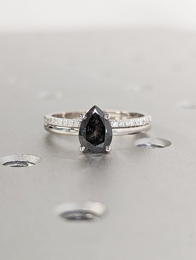 Raw Salt and Pepper Diamond, Rose Cut Pear Diamond Ring, Unique Engagement, Black, Gray Pear, 14k Yellow, Rose, White or Black Gold, Vintage