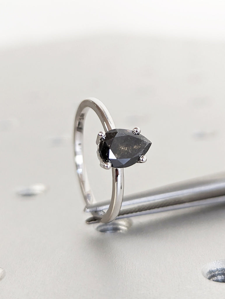 Raw Salt and Pepper Diamond, Rose Cut Pear Diamond Ring, Unique Engagement, Black, Gray Pear, 14k Yellow, Rose, White or Black Gold, Vintage