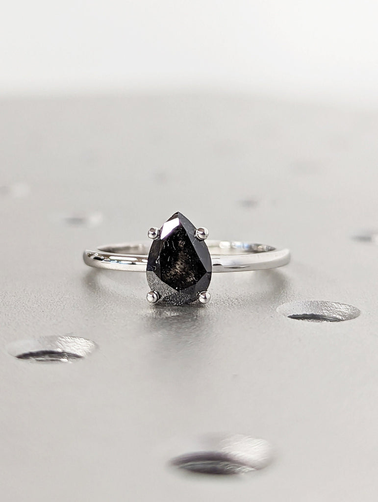 Raw Salt and Pepper Diamond, Rose Cut Pear Diamond Ring, Unique Engagement, Black, Gray Pear, 14k Yellow, Rose, White or Black Gold, Vintage