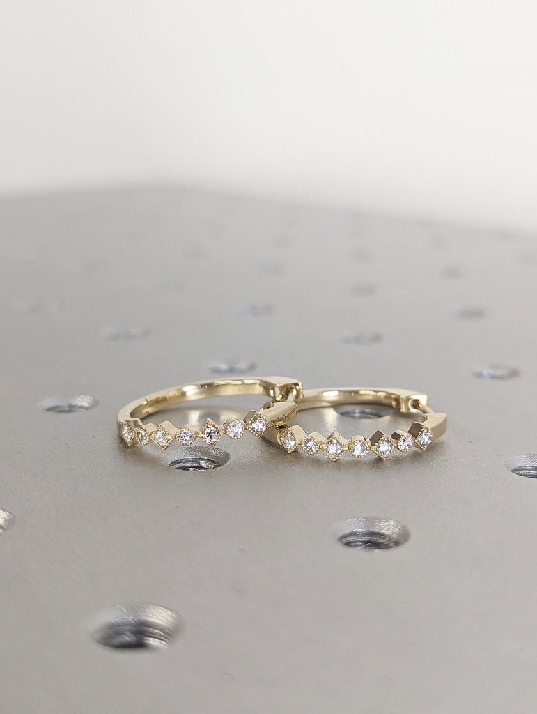 Diamond Huggie Earrings, 14k Solid Gold Diamond Huggie Hoop, Small Huggie Earrings, Gold Hoop Earrings With Diamonds , Bezel Setting