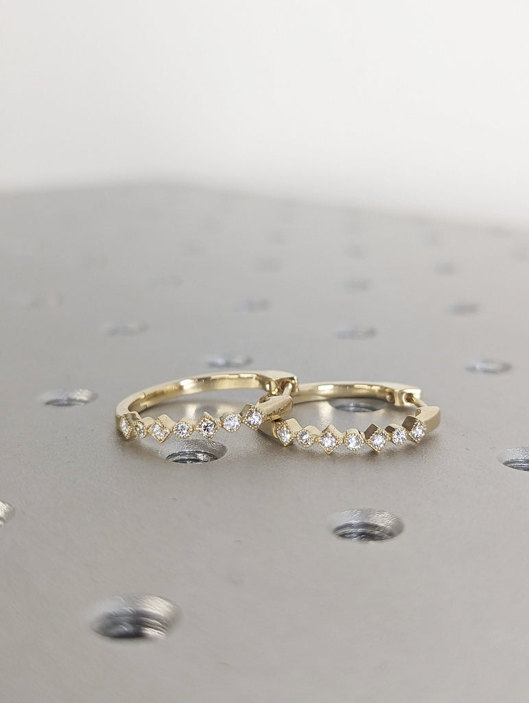 Moissanite Huggie Earrings, 14k Solid Gold Moissanite Huggie Hoop, Small Huggie Earrings, Gold Hoop Earrings Diamond Simulant, Bezel Setting